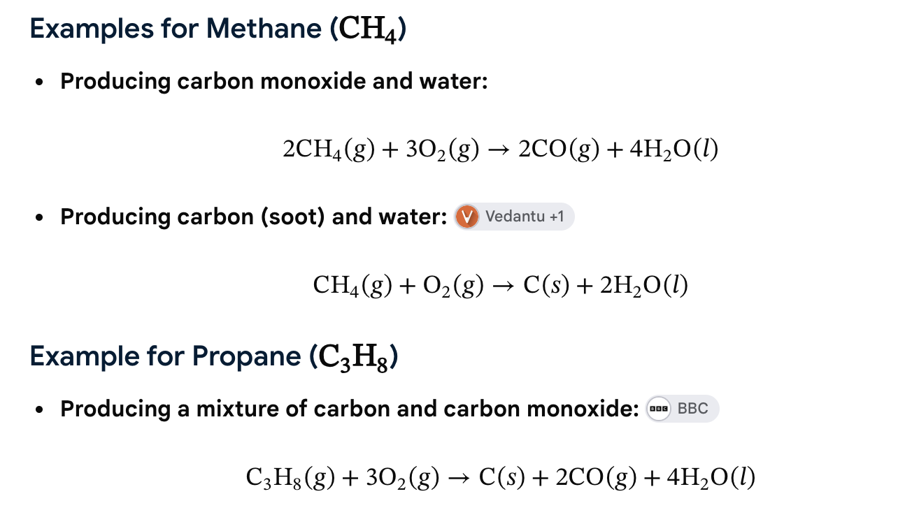 <p>Incomplete combustion can produce carbon monoxide and water and sometimes soot (C)</p>