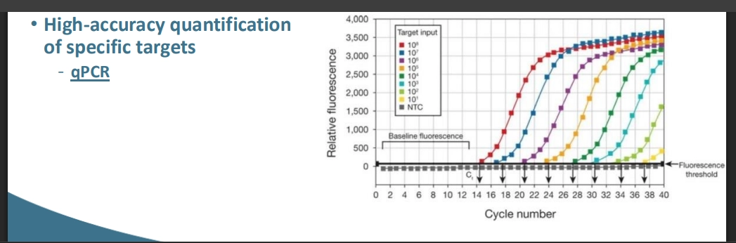 <p>(qPCR)</p><ul><li><p>quantitative PCR, tells us HOW MUCH of a gene is there in a sample </p></li><li><p>counts the copies of DNA of interest existing at each cycle, by measuirng fluroesence of dsDNA-binding molecules, that fluores when binding to amplified DNA</p></li><li><p>however, only measures above a certain fluoresence threshold, which is used with the cycle number, to figure out the original amount of the DNA of interest in the sample</p></li><li><p>for samples with less DNA of interest, it would  take more cycles to reach enough DNA for the fluoresence binders to bind and overcome the threshold</p></li><li><p>occurs to a point where it plateaus due to exausting no bases in the PCR tube</p></li><li><p>must keep amplicons tiny (200bp max)</p></li><li><p>cycle no. on X axis, log scale of fluorescence / DNA number on y axis</p></li><li><p>also useful as u may prime 16S rRNA to quantify no bacteria present</p></li></ul><p></p>