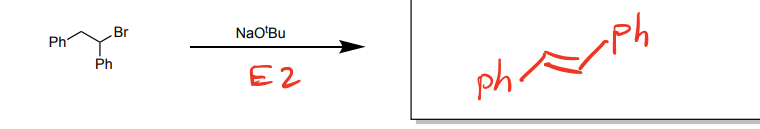 <p>-E2 reaction </p><p>-Antiperiplanar H makes alkene </p>
