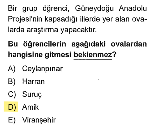 <p>Ceylanpınar, Harran, Suruç ve Viranşehir; Şanlıurfa ve çevresinde yer alan, GAP ile kaderi değişen ovalardır. <strong>Amik Ovası</strong> ise Hatay'dadır. Hatay, GAP kapsamında değil, Akdeniz Bölgesi'ndedir.</p>