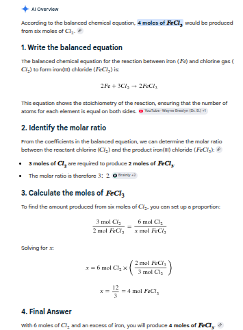 <p><strong>The number of moles of FeCl<sub>3</sub> produced is 4 moles.</strong></p>