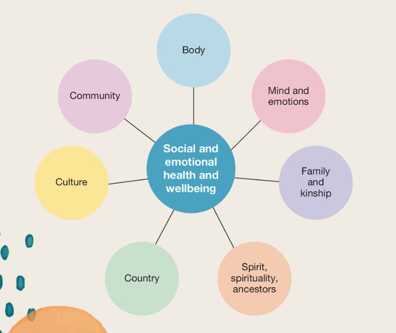 <ol><li><p>body</p></li><li><p>mind and emotions</p></li><li><p>family, kinship</p></li><li><p>spirit, spirituality, ancestors</p></li><li><p>Country</p></li><li><p>culture</p></li><li><p>community.</p></li></ol><p></p>