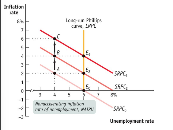 <ul><li><p>economy has had 0% inflation so we expect inflation to remain at 0% (expected becomes actual)</p></li><li><p>if the gov doesn’t like 6% u/e rate, they could use expansionary monetary or fiscal policy to bring it down to 4%</p></li><li><p>this moves along the SR Curve to 2% inflation</p></li><li><p>overtime the public will then start to expect 2% </p></li><li><p>and because increased expectations SRPC will shift</p></li><li><p>process above will repeat if you operate below the natural rate of unemployment →inflationary gap</p></li><li><p>used policy to drive u/e up → you would create a reccessionary gap</p></li><li><p>NAIRU is same as NRU (natural rate of unemployment</p></li></ul><p></p>
