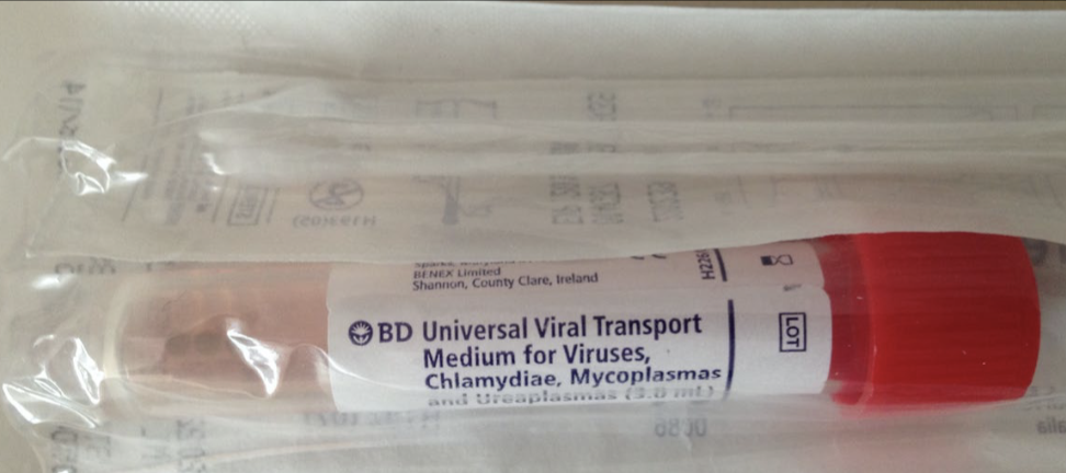 <p>specimen collection and transport uses a swab and either viral transport media or universal transport media. the tube contains what 3 things?</p>