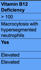 <p>MCV >100 fL, Neutrophils hypersegmented, reduced reticulocytes, elevated MMA (confirmatory)</p>