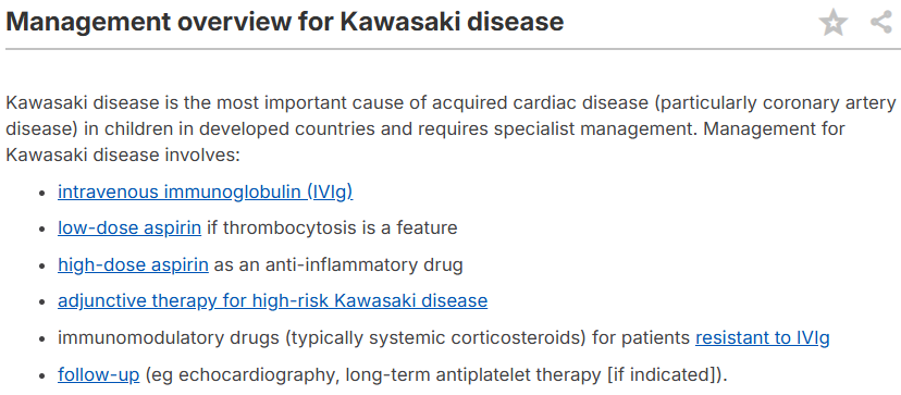 <p><strong><u>Mx</u></strong>:</p><p><strong>First Line</strong>: IV Immunoglobulins (IVIG → ↓ aneurysm risk), Aspirin</p><ul><li><p>Consider corticosteroids (<em>Methylprednisalone, Prednisalone</em>) or biologics </p></li></ul><p><strong>Long-Term</strong>: Echocardiogram follow-up</p><p></p><p><strong>Cx</strong>: coronary artery aneurysms</p>