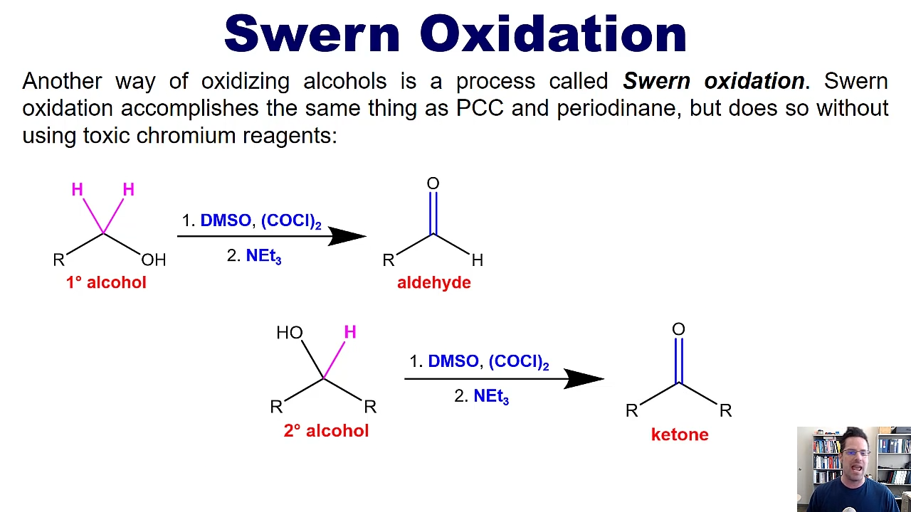 <p>accomplishes the same thing as PCC and peroxidane, but does so without using toxic chromium reagents</p><p></p><p>using DMSO, COCl2</p><p>and NEt3</p>