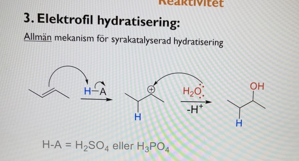 <p>the pi bond attacks hydrogen and attached to it making a carbocation,</p><p>markovnikov</p><p>the reagent can be H2SO4 or H3PO4 which are acids</p><p>then water is added</p><p>OH is added to the bomd and a hydrogen leaves</p>
