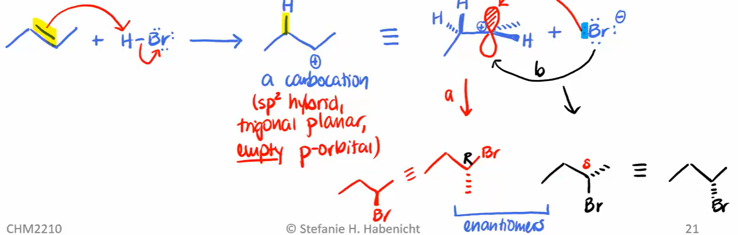 <p>Markovnikov: Br or (X) goes on more substituted carbon of double bond. H goes to less subst.</p>