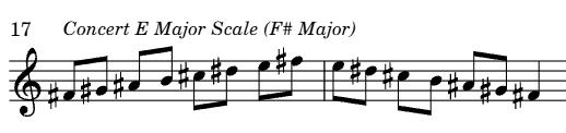<p>Concert E Major Scale (F# Major) F#, G#, A#, C#, D#</p>