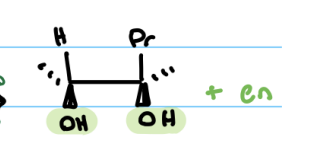 <p>Syn Dihydroxylation; Make sure that the alcohols are added to the same side, whether it be wedge, dash, or in-plane <mark data-color="yellow" style="background-color: yellow; color: inherit;">(replacing the alkene with two alcohols on the same side)</mark></p>