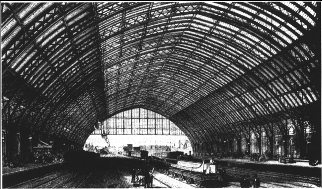 <p>1st shed/area made of iron and glass with truss designs keeping it stable up to 100 ft tall.</p>