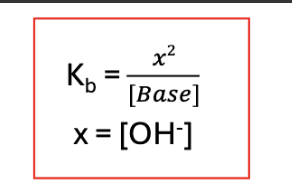 <ul><li><p>Ka = x<sup>2</sup> / [Acid] where x = [H+] </p></li><li><p>Kb = x<sup>2</sup> / [base] where x = [OH-] </p></li></ul><p></p>