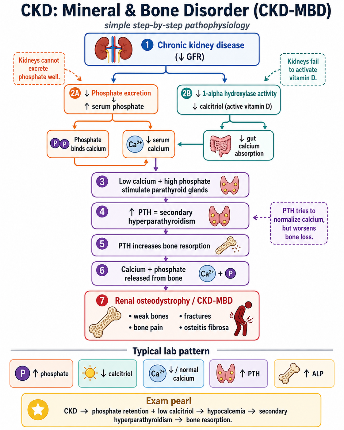 <p><span style="color: red;"><strong>Reduced GFR</strong></span></p><ul><li><p><span><mark data-color="yellow" style="background-color: yellow; color: inherit;">↓ Production of urine</mark> → ↑ extracellular fluid volume →<mark data-color="yellow" style="background-color: yellow; color: inherit;"> total-body volume overload</mark></span></p></li><li><p><span><mark data-color="yellow" style="background-color: yellow; color: inherit;">↓ Excretion of waste products</mark> (e.g., urea, drugs)</span></p></li><li><p><span><mark data-color="yellow" style="background-color: yellow; color: inherit;">↓ Excretion of phosphate</mark> → hyperphosphatemia</span></p><ul><li><p><span>During the early stages of CKD, plasma phosphate levels will typically be normal due to the increased secretion of fibroblast growth factor 23 (FGF23).</span> <sup>[4]</sup></p><ul><li><p><span>FGF23 is produced by osteoblasts in response to initial hyperphosphatemia and increased calcitriol.</span></p></li></ul></li></ul></li><li><p><span><mark data-color="yellow" style="background-color: yellow; color: inherit;">↓ Maintenance of acid-base balance; </mark>→ metabolic acidosis</span></p></li><li><p><span><mark data-color="yellow" style="background-color: yellow; color: inherit;">↓ Maintenance of electrolyte concentrations</mark> → electrolyte imbalances (e.g., Na<sup>+</sup> retention)</span></p></li></ul><p><span style="color: red;"><strong>Reduced endocrine activity</strong></span></p><ul><li><p><span><mark data-color="yellow" style="background-color: yellow; color: inherit;">↓ production of calcitriol</mark> → (in combination with ↓ excretion of phosphate) → ↓ serum Ca<sup>2+</sup> → ↑ PTH</span></p></li><li><p><span><mark data-color="yellow" style="background-color: yellow; color: inherit;">↓ Erythropoietin </mark>→ ↓ stimulation of erythropoiesis</span></p></li></ul><p></p>