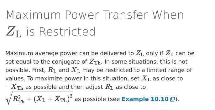 <ul><li><p>Set XL as close to -Xth as possible</p></li><li><p>Set RL as close to sqrt( Rth² + ( XL + Xth)² )</p></li></ul><p></p>