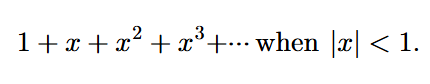 <p>If the function f(x) = 1/1-x then we can use the summation of n=0 to oo of x^n</p><p>Indicate the radius or interval of convergence</p><p>Your function is exactly like the infinite sum of a geometric series where the r=x and a=1. I can use a geometric series to represent it, since it is the sum of a geometric series formula (S∞ = a/1-r) → 1/1-r</p>