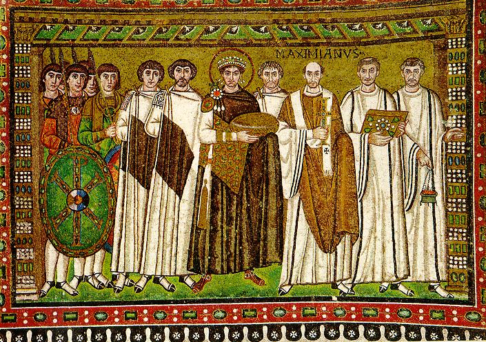 <p>Bishop Maximianus, attendants (9.13), Mosaic from San Vitale; shows emperor's power and church-state unity.</p>