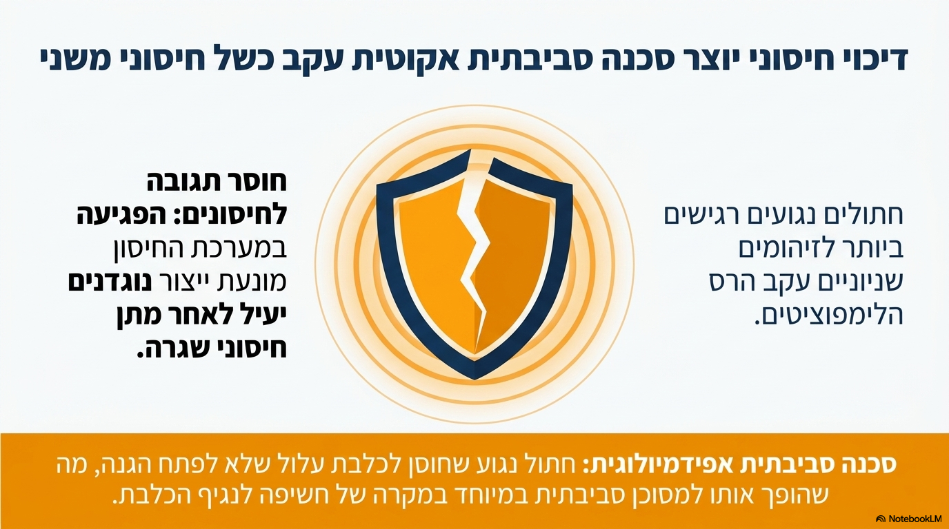 <ul><li><p><strong>זיהומים שניוניים:</strong> פגיעות קשות מזיהומים אופורטוניסטיים המנצלים את קריסת מערכת החיסון.</p></li><li><p><strong>חוסר תגובה לחיסונים:</strong> מערכת החיסון הפגועה אינה מייצרת תגובה הולמת לחיסונים הניתנים לחתול.</p></li><li><p><strong>הסכנה הסביבתית:</strong> חוסר התגובה לחיסונים מהווה סכנה מיוחדת בהקשר של <strong>חיסון הכלבת</strong> – החתול עלול שלא לפתח הגנה ולהוות סיכון הדבקה לסביבה.</p></li></ul><p></p>