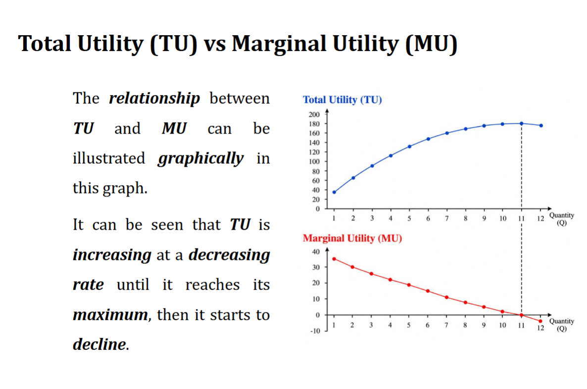 <p>TU : total utility, cumalating Mu</p><p>MU: marginal utility, extra utility gained from consuming an extra unit of good</p>