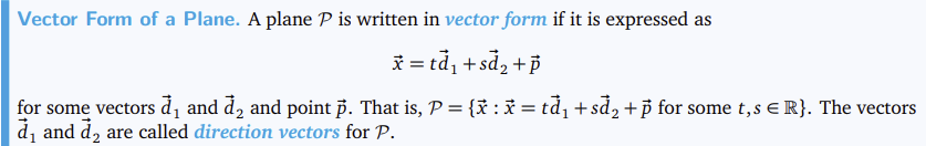<p>vector x = td_1 + sd_2 + p. That is, P={x:x=td₁+sd₂+p for some t,s exist in R}</p>