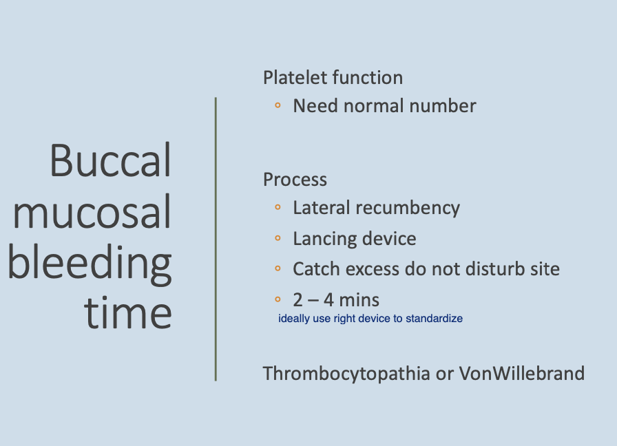 <p>Lateral recumbency.</p><p>Lancing device.</p><p>Catch excess while not disturbing site.</p><p>2-4m.</p>