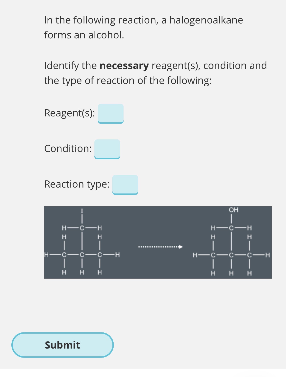<ol><li><p>Draw the reaction between a Iodoethane and excess ammonia and name the mechanism</p></li><li><p>Answer this image question?</p></li></ol><p></p>