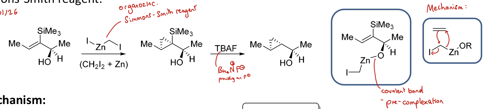<p>Using Simmons-Smith reagent: <span>IZnCH₂I - organozinc</span></p><p><span>IZnCH₂I formed from CH₂I₂ and Zn</span></p>