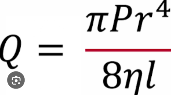 <p>Dictates that flow (Q) is directly proportional to the pressure difference and the fourth power of the radius, while inversely proportional to viscosity and tube length</p>