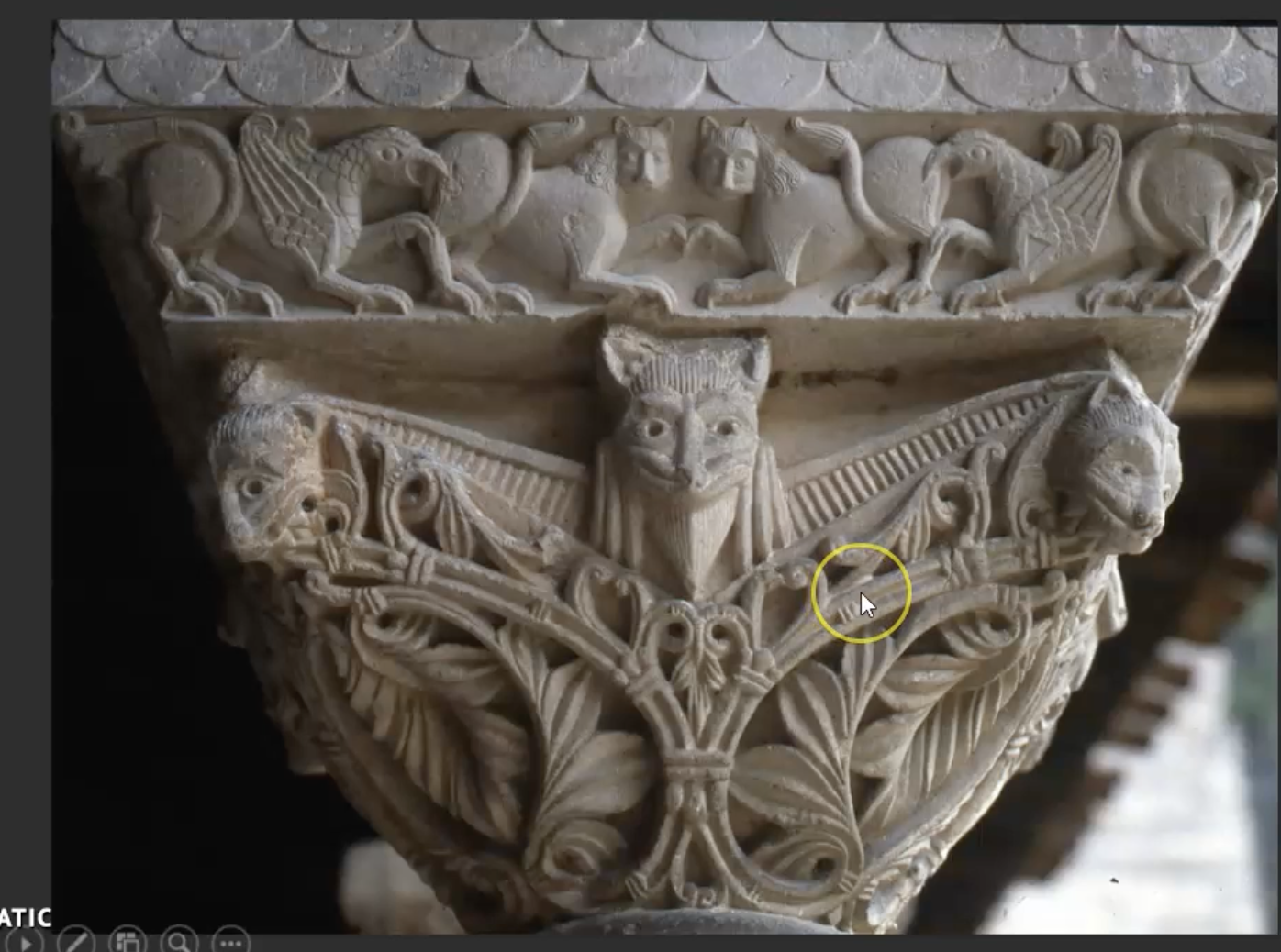 <p>Hiberno-Saxon / Anglo-Saxon Influence</p><ul><li><p><strong>Winged griffin-like bird</strong> in mirror image.</p></li><li><p>Aesthetic lifted from <strong>Hiberno-Saxon</strong> and <strong>Anglo-Saxon</strong> art.</p></li><li><p>Warrior lords, <strong>Saxons</strong>, <strong>Vikings</strong>.</p></li><li><p>Brought a more <strong>abstract aesthetic</strong>.</p></li><li><p>Dominance of <strong>pattern</strong>.</p></li><li><p>Similar to the <strong>Anglo-Saxon purse cover</strong>.</p></li><li><p><strong>Animal interlace</strong> style.</p></li><li><p><strong>Vine-like tendrils</strong>. (Những tua cuốn giống như dây leo.)</p></li><li><p>Animals woven into the design.</p></li><li><p><strong>Mirror image</strong> and <strong>symmetrical pairings</strong>.</p></li><li><p>Legacy of these warrior groups <strong>married with Christian art</strong>.</p></li><li><p>Seen in <strong>illuminated manuscripts</strong>.</p></li><li><p>Now translated into the <strong>Romanesque revival of stone sculpture</strong>.</p></li><li><p><strong>Griffin-like beasts</strong> tearing into a human.</p></li><li><p>Strong <strong>symmetry</strong>, <strong>mirror image</strong>, and <strong>pattern</strong>.</p></li><li><p><strong>Botanical tendrils</strong> reminiscent of illuminated manuscripts.</p></li><li><p><strong>Three bat heads</strong>.</p></li><li><p><strong>Griffins biting lions</strong>.</p></li><li><p>What you see on the <strong>left</strong>, you see on the <strong>right</strong>.</p></li><li><p><strong>Balance and symmetry</strong> become part of the <strong>Romanesque aesthetic</strong>.</p></li></ul><p></p>