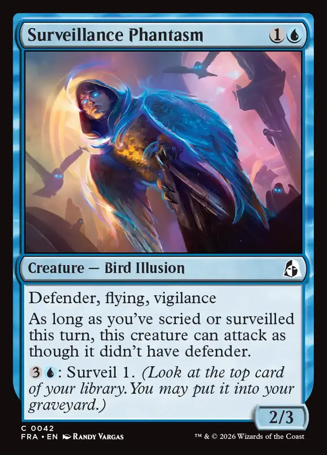 <p>Defender, flying, vigilance</p><p>As long as you’ve scried or surveilled this turn, this creature can attack as though it didn’t have defender.</p><p>{3}{U}: Surveil 1. <em>(Look at the top card of your library. You may put it into your graveyard.)</em></p>