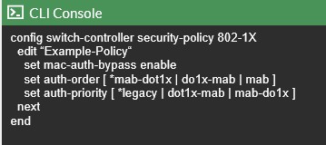 <p><strong>• The sequence in which the authentication methods 802.1x and MAB are executed can now be managed</strong></p><p><span style="color: green;">• This enables users to prioritize one method over the other based on their specific network security requirements</span></p><p><span style="color: green;">• Auth priority:</span></p><p>• legacy - EAP 1X has a higher priority than MAB with legacy</p><p>• dot1x-MAB - EAP 1X has a higher priority than MAB </p><p>• MAB-dot1x - MAB has a higher priority than EAP 1X</p>