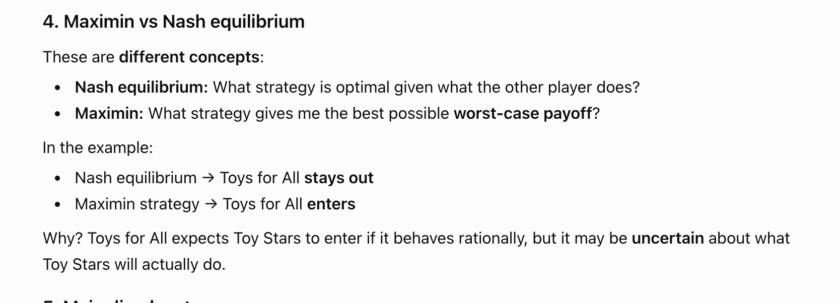 <p>2 diff ways of deciding what to do in a game</p><ul><li><p>Maximin: protects against the worst case</p></li><li><p>Nash: is optimal given others' strategies.</p></li></ul><p></p>