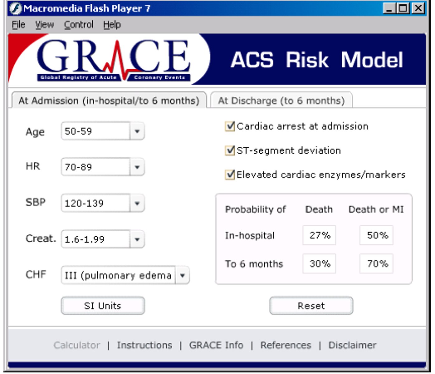 <p>Risk of dying within 6 months after MI, used to determine whether need coronary angiogram straight away</p><p>Scores greater than 140 points =greater than 140 points = high risk</p>