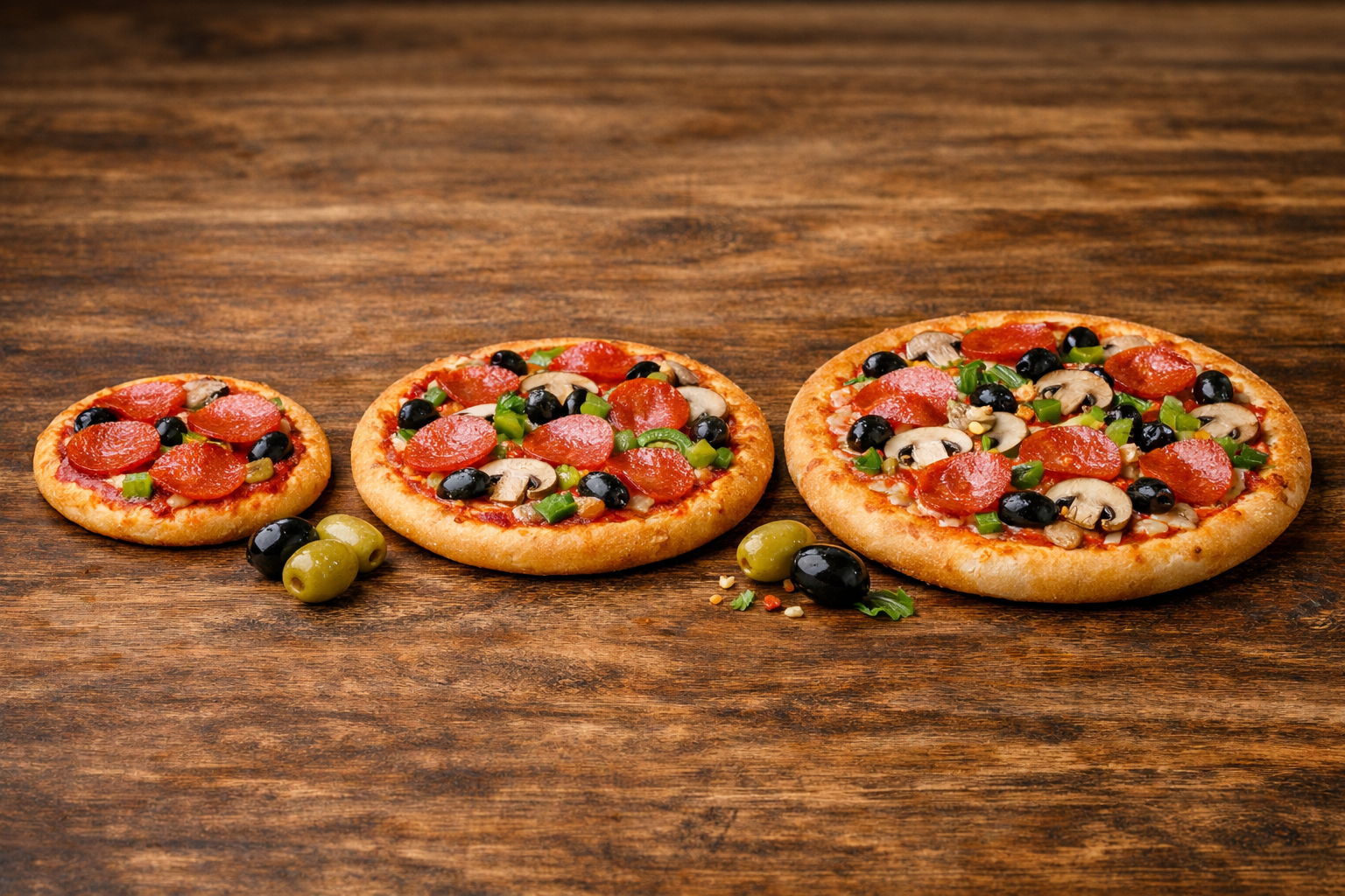 <p>Pizza pequeña / mediana / grande</p>