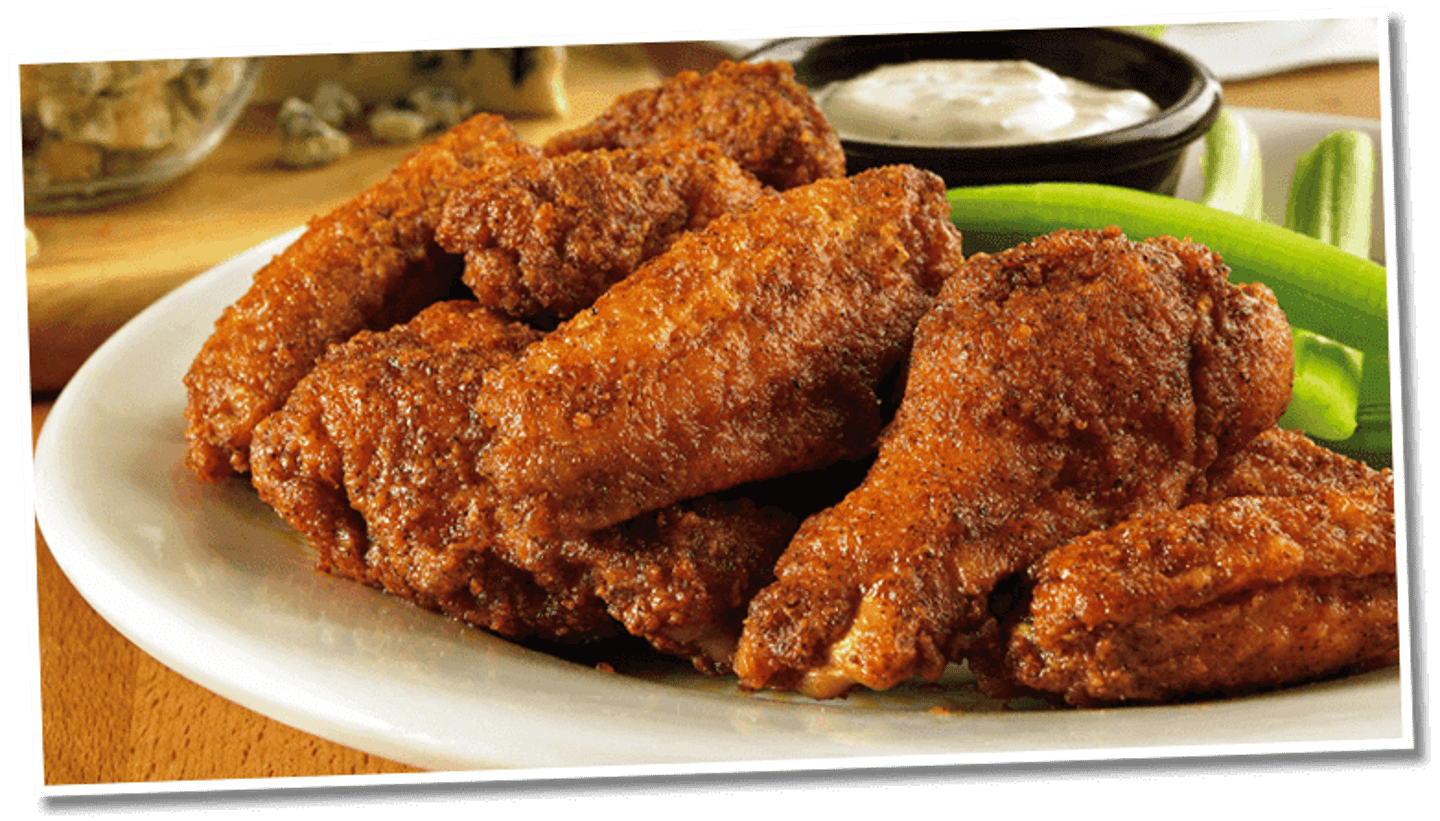 <p>One pound (10 on average) fresh chicken wings (50/50 drumettes and flats) tossed in our secret spices, fried and served with our blue cheese dressing and celery. Choose mild, medium, or hot.</p>