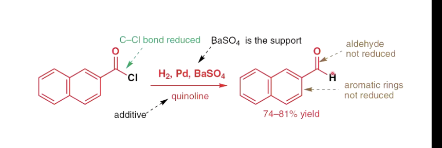 <p>Reduce C-Cl (acid chloride) to C-H bond (uses Pd/BaSo4)</p><p></p>