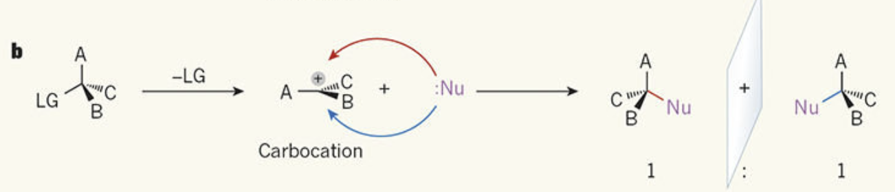 <p><span>Favoured by tertiary halogenoalkanes, where the carbocation is stabilised by alkyl groups via the positive inductive effect (electron-donating effect of surrounding alkyl groups).</span></p>