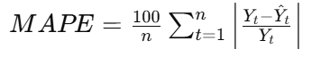 <ul><li><p>mean average percentage error</p></li><li><p>measures forecast accuracy as a <strong>percentage</strong></p><ul><li><p>makes it easy to interpret across different scales</p></li></ul></li><li><p>Yt: actual value</p></li><li><p>Y(hat)t​: forecasted value</p></li><li><p>n: number of observations</p></li><li><p>The fraction = <strong>percentage error for each observation</strong></p></li></ul><p></p>