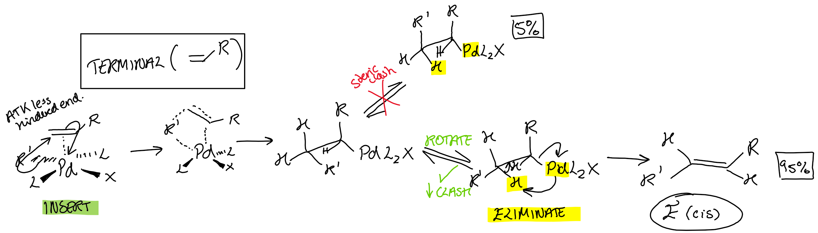 <ul><li><p>TS goes via R’ attack on least substituted side</p></li><li><p>Force <strong>E (trans)</strong> due to steric clash when eliminating $$\beta$$ hydride</p></li></ul><p></p>