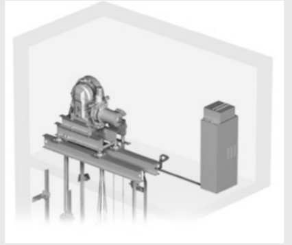 <p>A traction system featuring a gearbox attached to an electric motor that turns the hoist sheave to move the elevator ropes.</p><p></p>
