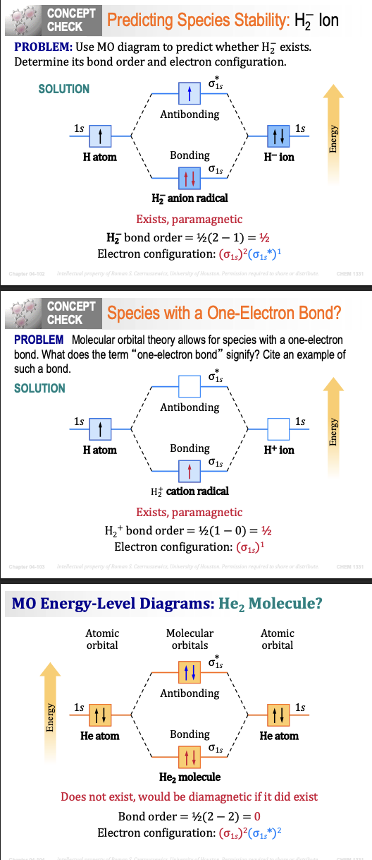 <p>H₂</p><ul><li><p><span>Bond Order = 1</span></p></li><li><p><span>Stronger bond</span></p></li><li><p><span>Diamagnetic</span></p></li><li><p><span>Stable</span></p></li></ul><p>H₂⁻</p><ul><li><p><span>Bond Order = 0.5</span></p></li><li><p><span>Weaker bond</span></p></li><li><p><span>Paramagnetic</span></p></li><li><p><span>Still exists</span></p></li></ul><p>Important:</p><p>Adding an electron does NOT always strengthen a bond.</p><p>It depends on which orbital the electron enters.</p><p>If it enters an antibonding orbital, the bond becomes weaker.</p>