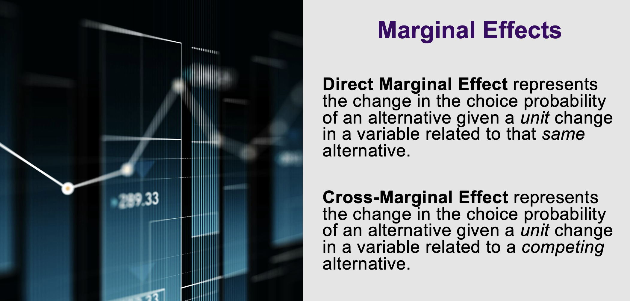 <p>Direct - increase the quality of the bus service to work, what is the impact of this</p><p>&nbsp;</p><p>Cross - taking the alternatives changes a unit change</p><p>Prob of taking the bus changes when the quality of the train changes</p>