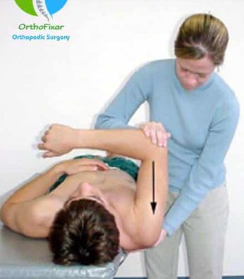 <p>Lift the arm forward to shoulder height. Push it backward. Pain or a feeling like it might slip out is positive.</p>