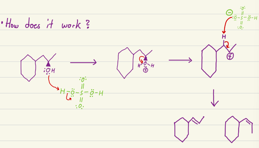 <p>Does an elimination reaction with OH and makes both E and Z products, so alcohol to alkane. OH becomes a double bond between the carbon with the OH and the most stable carbon. </p>