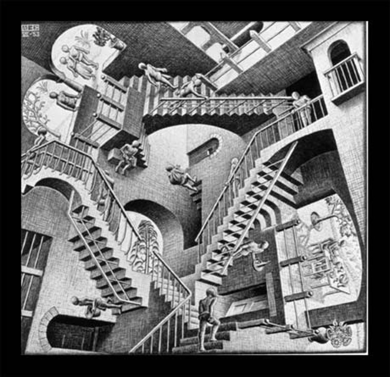<p>The two broad areas of mathematics that M.C. Escher's work covered are the logic and what else of space?</p>