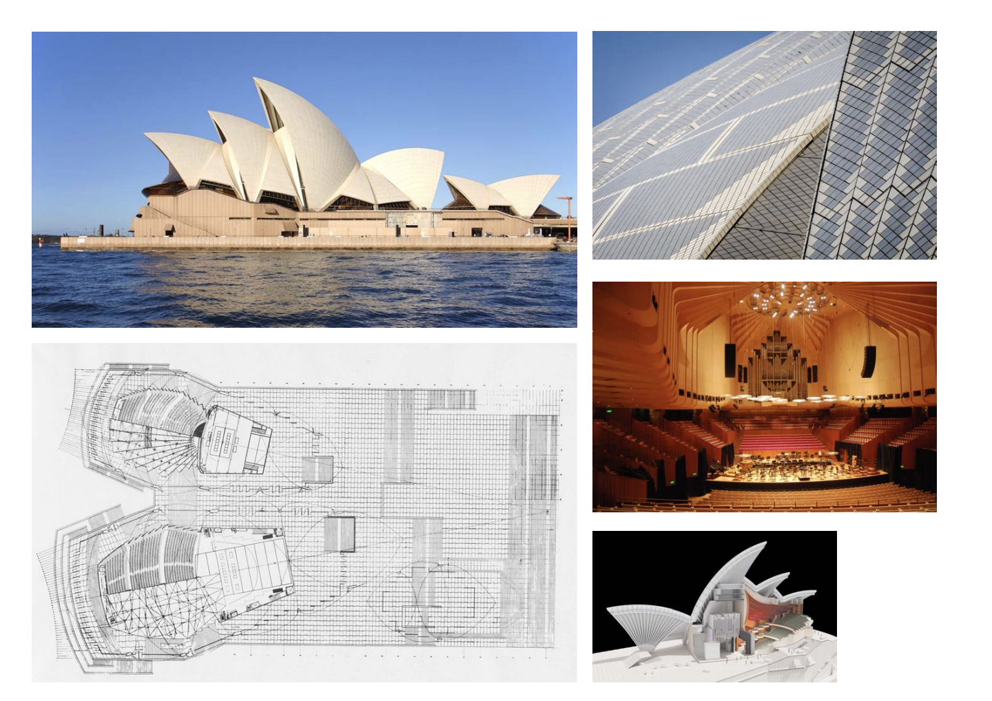 <p>Two major music halls sunken into a platform, layered arc segments of spheres for the roof’s facade, pre-cast concrete ribs during construction, beige and grey tile for the facade. Utzon speaks to the building like a gothic church: playing with light and creating a dynamic experience. Lowest portion clad of granite panels, upper portions clad in special glossy matte beige tiles. Rib-like structure expressed on the side in the interiors. Doesn’t follow form follows function: excessive form. Louis Khan compliments it when saying “the sun realizes its beauty through the opera house’s reflection.”</p>