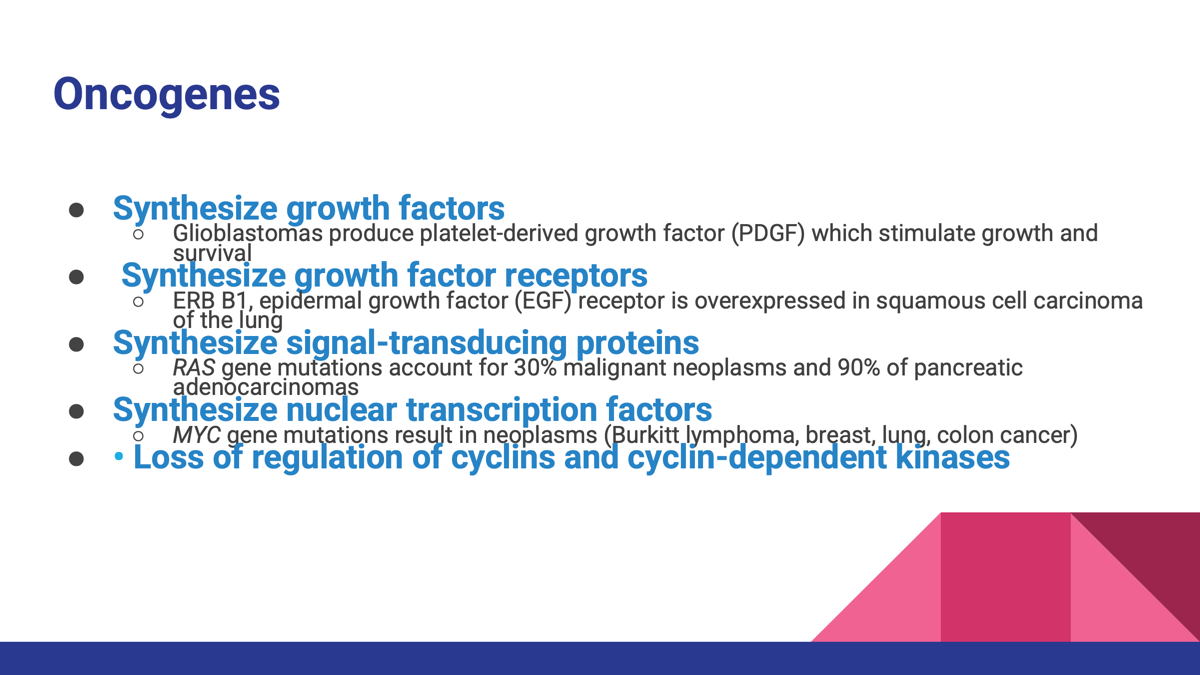 <p>Cell Cycle Genes Cyclins and Cyclin-Dependent Kinases (CDKs)</p><p>These regulate progression through the cell cycle.</p><p>If cyclins/CDKs become overactive:</p><p><span data-name="arrow_right" data-type="emoji">➡</span> Cell-cycle checkpoints are bypassed</p><p><span data-name="arrow_right" data-type="emoji">➡</span> Cells divide uncontrollably</p><p><span data-name="arrow_right" data-type="emoji">➡</span> Tumors develop </p><p></p><p></p>