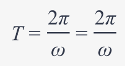 <p>T = 2π/ω </p><p></p><p>T = period</p><p>ω = angular velocity (rad/s)</p><p>f = frequency (s<sup>-1</sup>)</p>