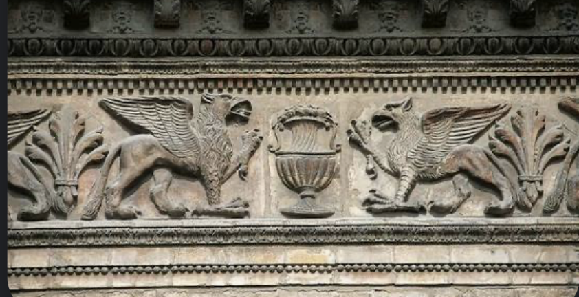 <p>long, decorated, narrow, horizontal band on the outside of a building</p>