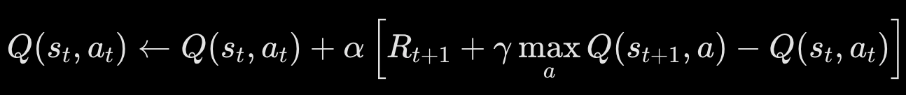 <p>Off-policy. Learns values of the absolute optimal policy directly (regardless of behavior choices).<br>Q(s, a) ← Q(s, a) + α [ R + γ max<sub>a’ </sub>Q(s', a') - Q(s, a) ]</p>